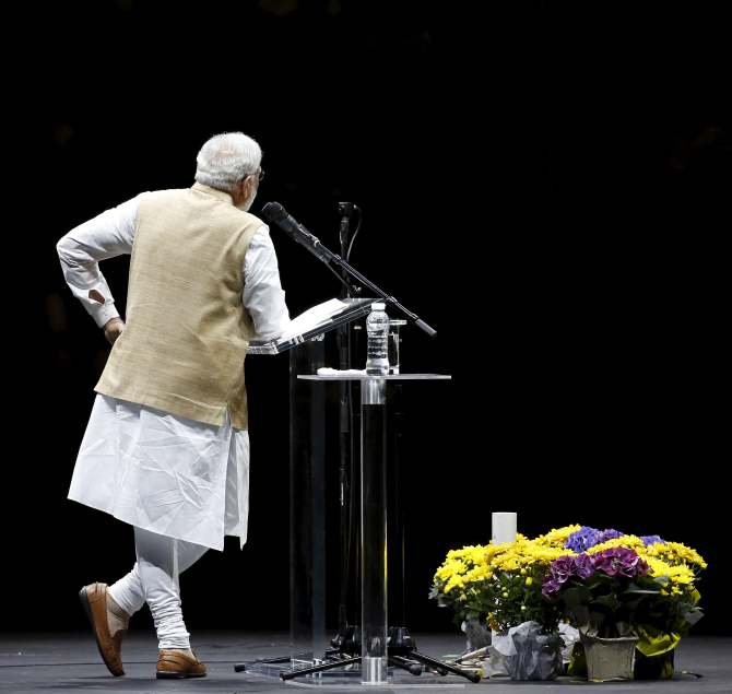 Indian Prime Minister Narendra Modi gestures during a community reception in San Jose, California